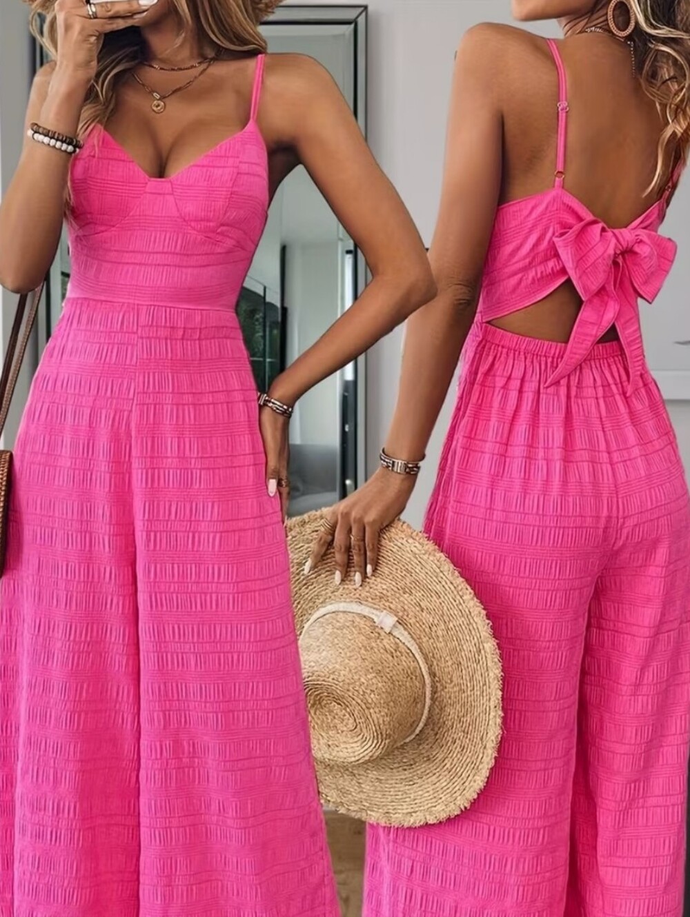 Back In Stock! Hot Pink Spaghetti Strap Bow-Back Jumpsuit